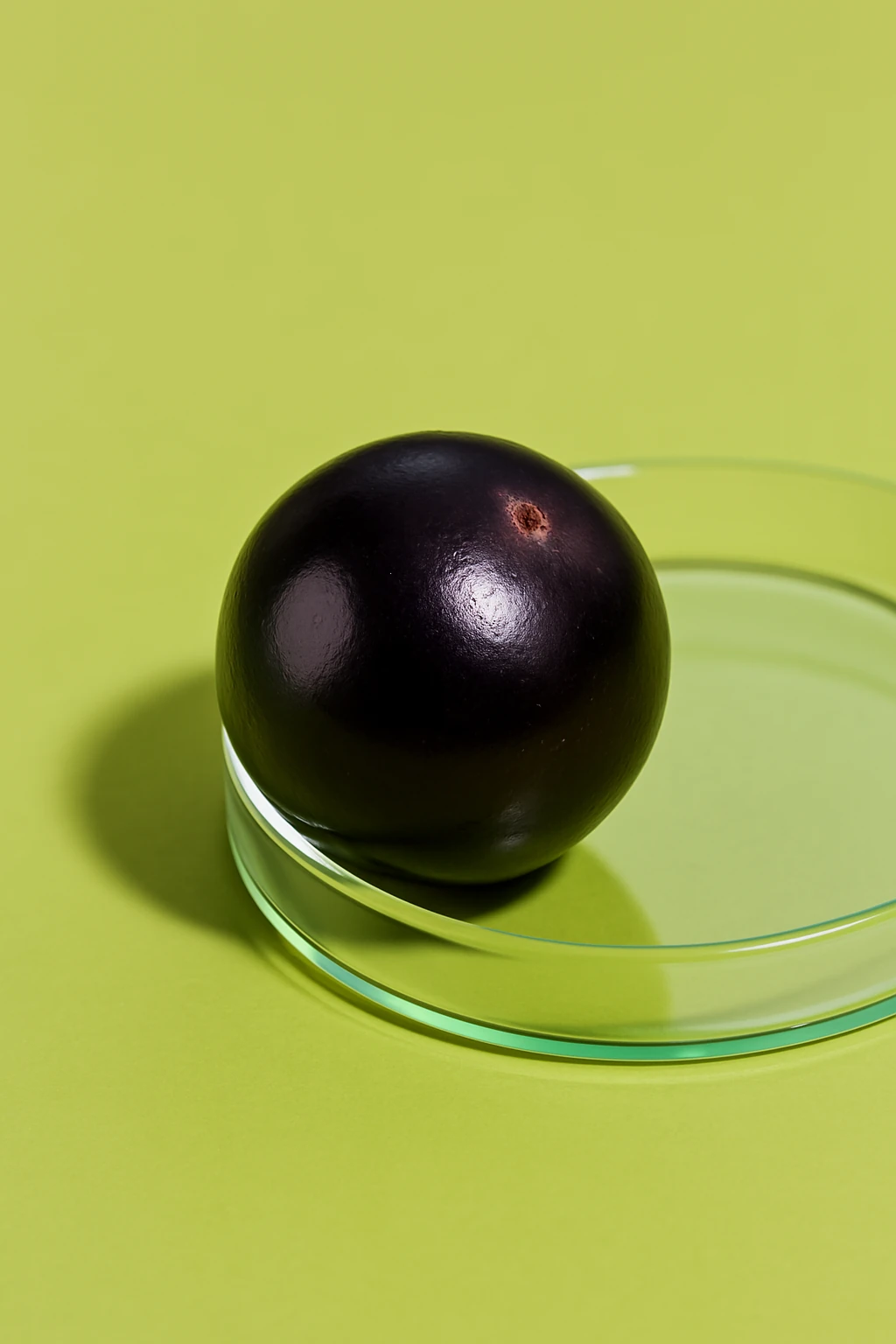 A single dark purple fruit on a green surface.