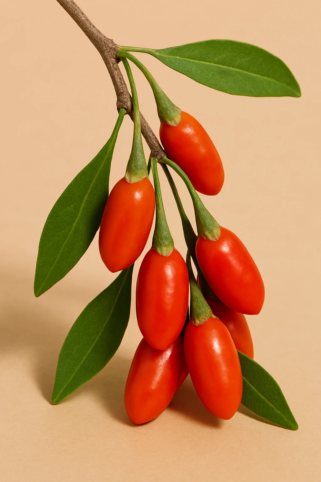 Branch with red berries and green leaves on a beige background.