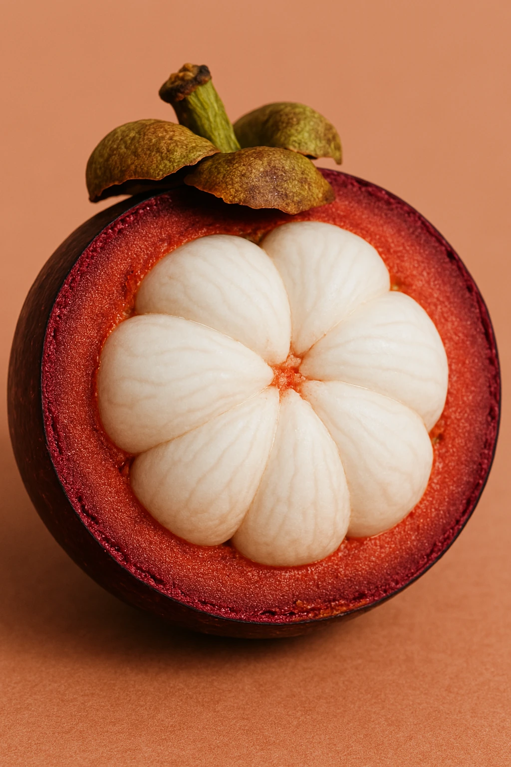 Half of a mangosteen fruit showing white segments inside.
