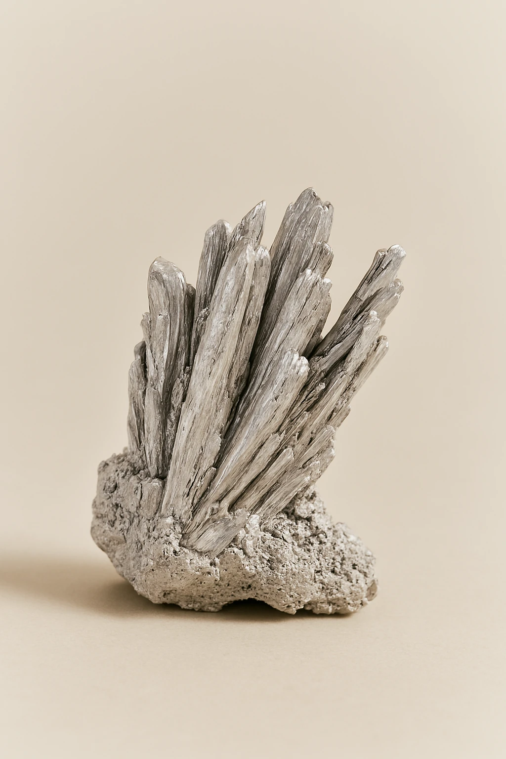Cluster of elongated, silver-gray mineral crystals on a beige background.