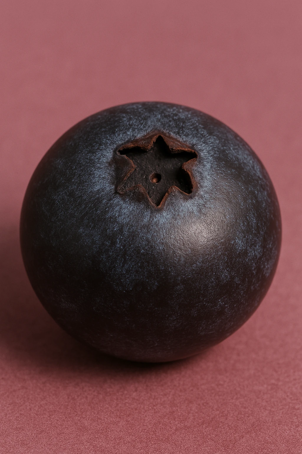 Close-up of a single blueberry on a pink background.