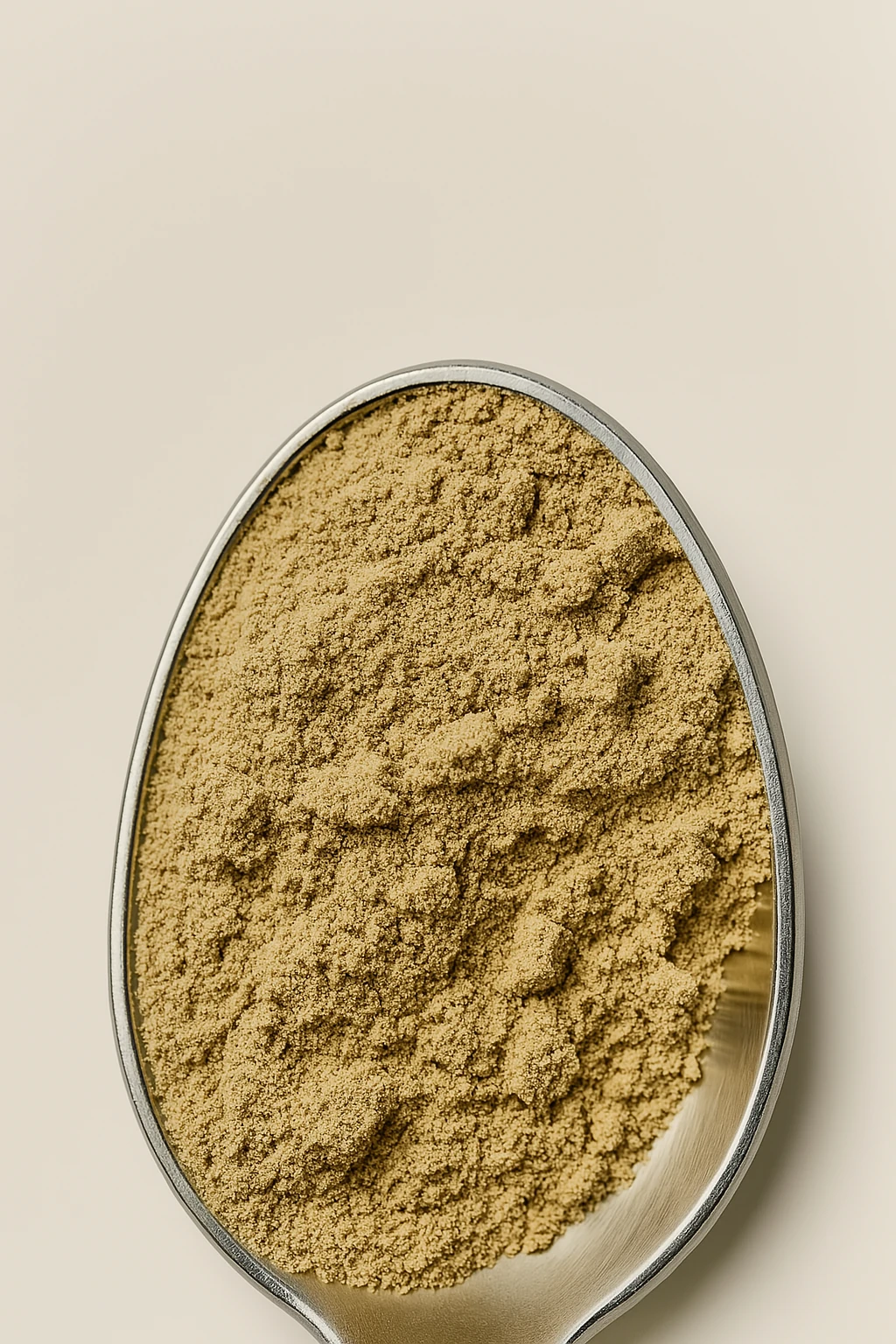 A metal spoon filled with light brown powder on a neutral background.