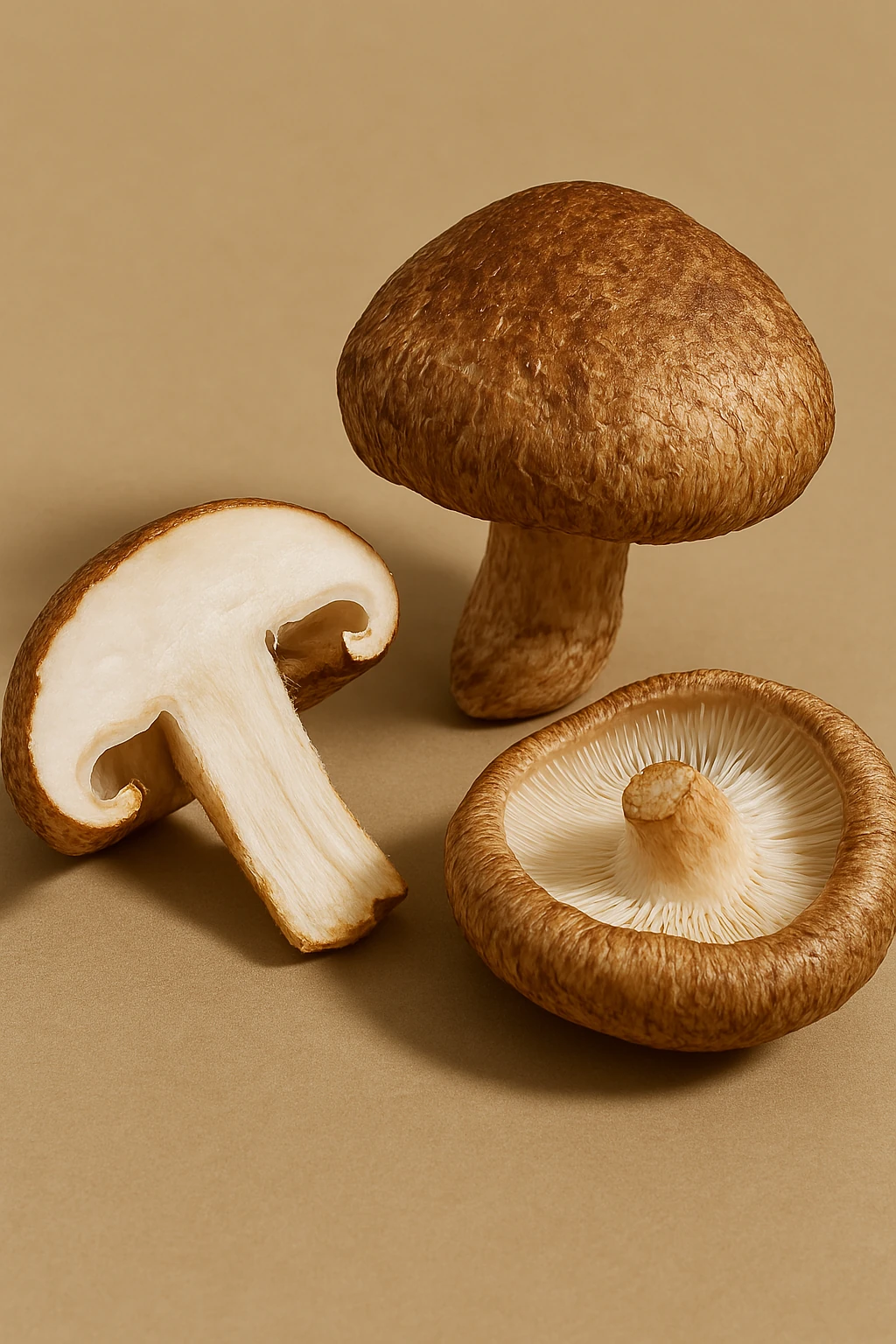 Three brown mushrooms on a beige background, one sliced in half.