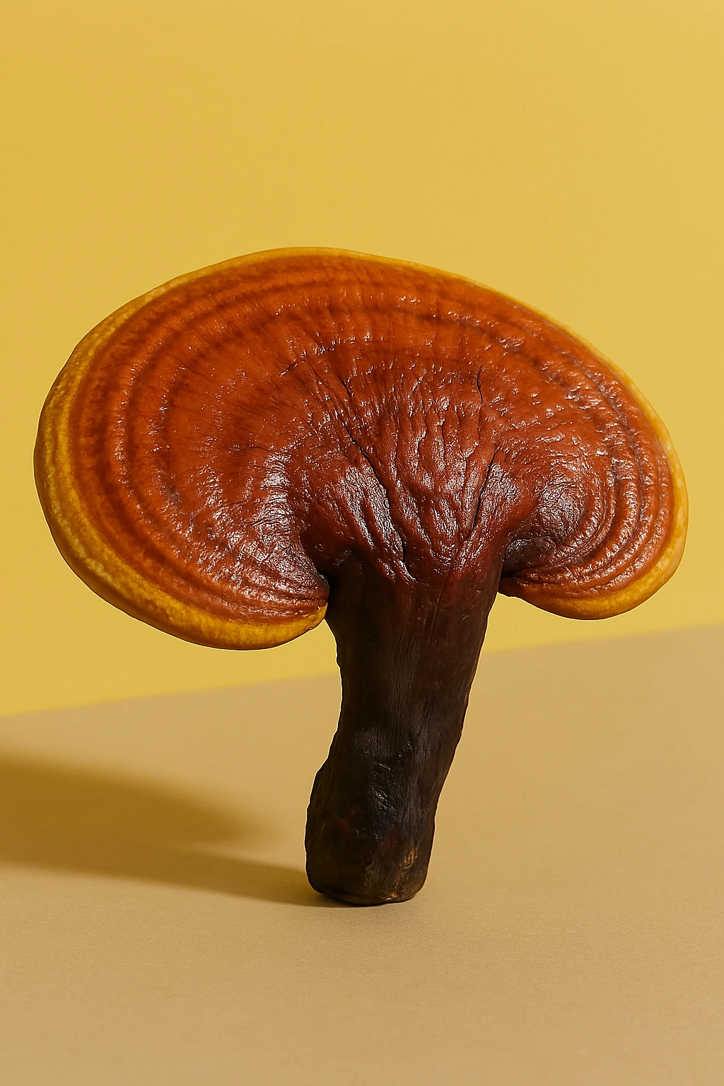 Brown mushroom with a textured cap on a yellow background.