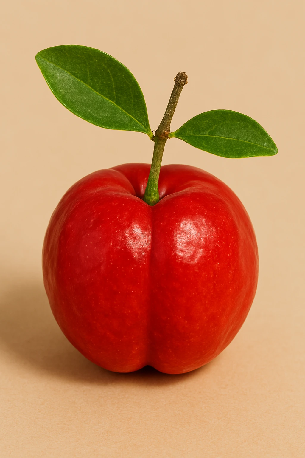 A red fruit with two green leaves on a beige background.