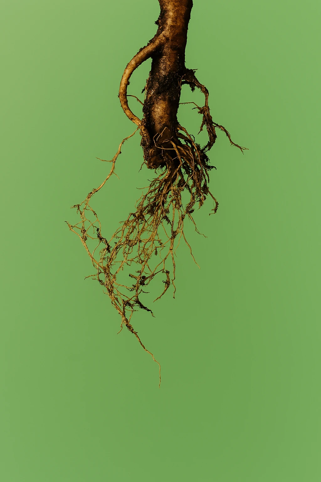 A tree root with tangled branches against a green background.