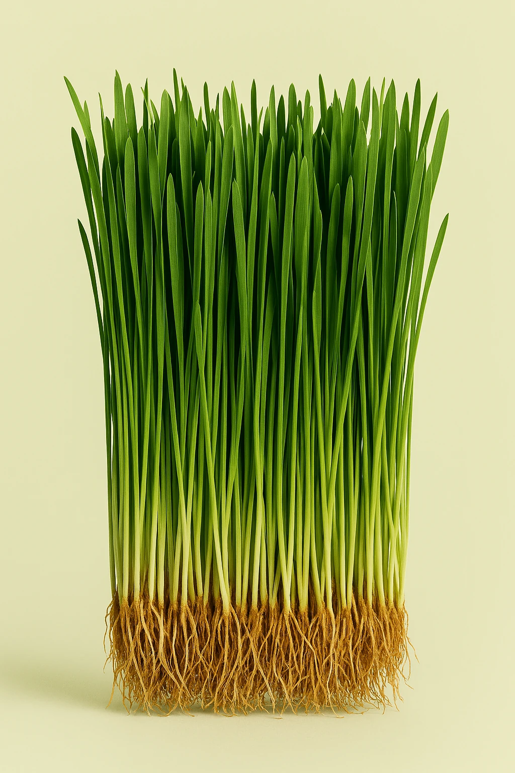 Close-up of green grass with visible roots on a light background.