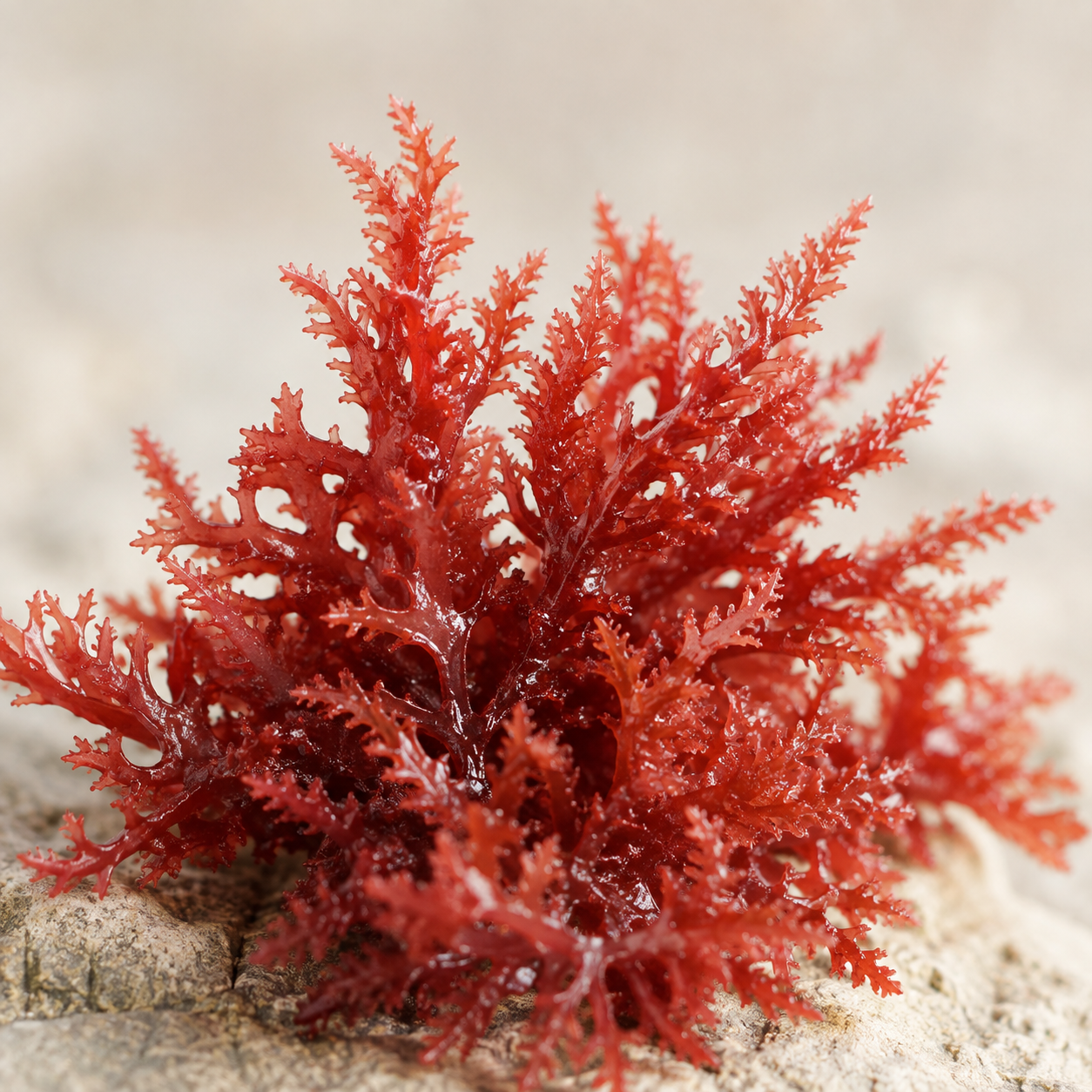 A close-up of a clump of vibrant red, frilly seaweed resting on a rock.