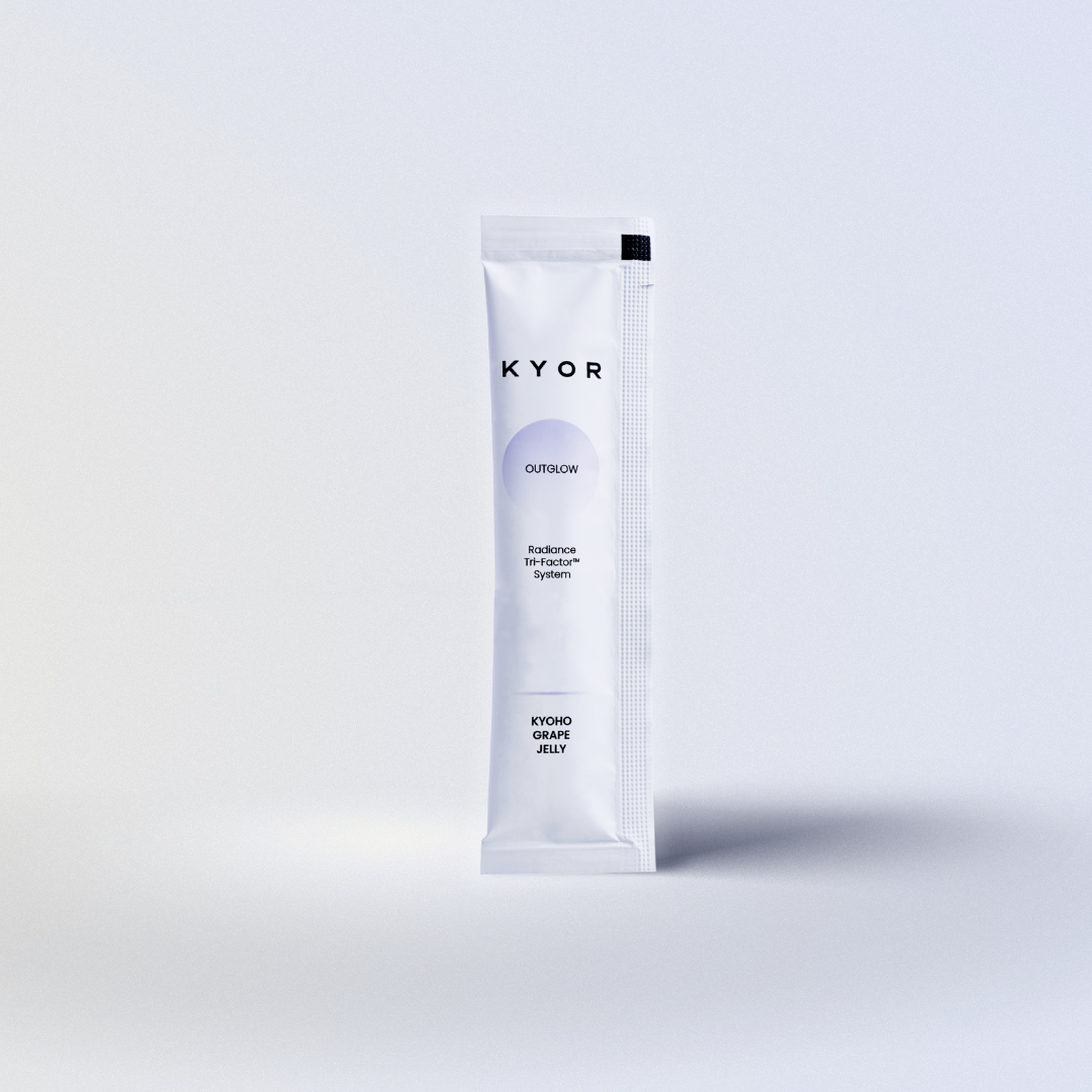 A single white packet of KYOR OUTGLOW Kyoho Grape Jelly supplement against a plain white background.