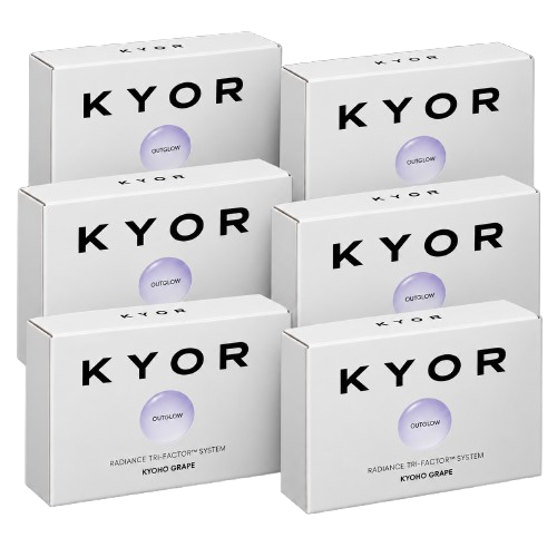 Six white boxes of KYOR Outglow Kyoho Grape Radiance Tri-Factor System arranged against a white background.