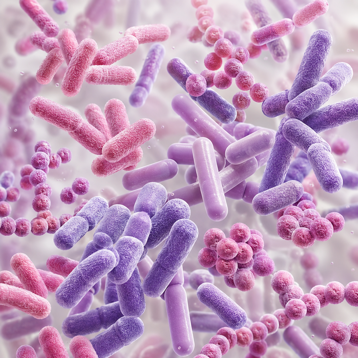 A colorful 3D rendering of various types of bacteria, including rod-shaped and spherical, in pink and purple.