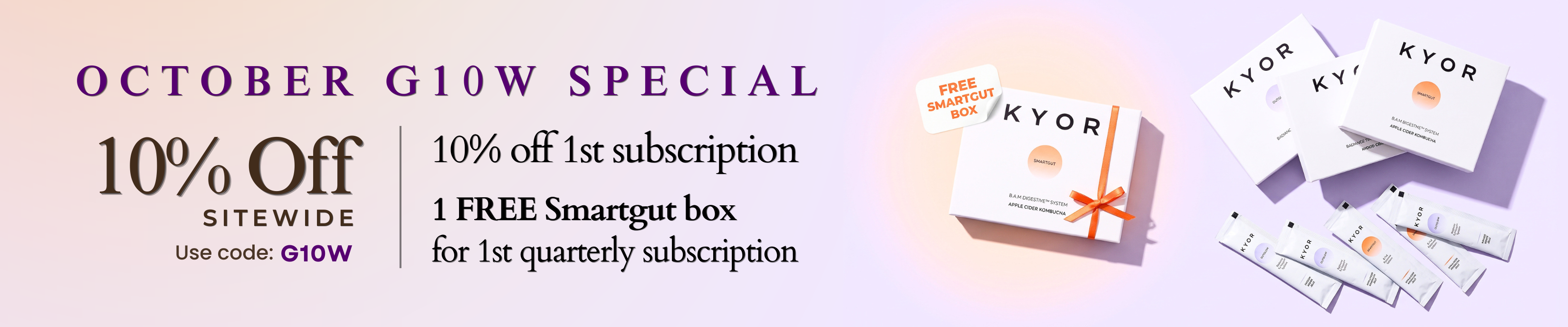 Promotional banner for KYOR's October Glow Special, showing product boxes and a 10% off offer.