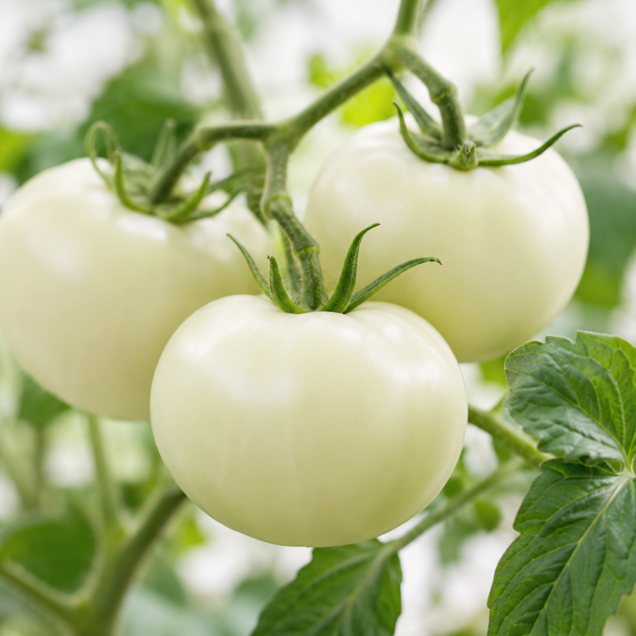 A close-up shot of three unripe, light green tomatoes still attached to the vine.