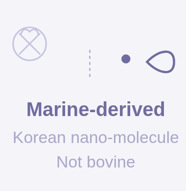 Text reading 'Marine-derived, Korean nano-molecule, Not bovine' with abstract symbols above on a light purple background.