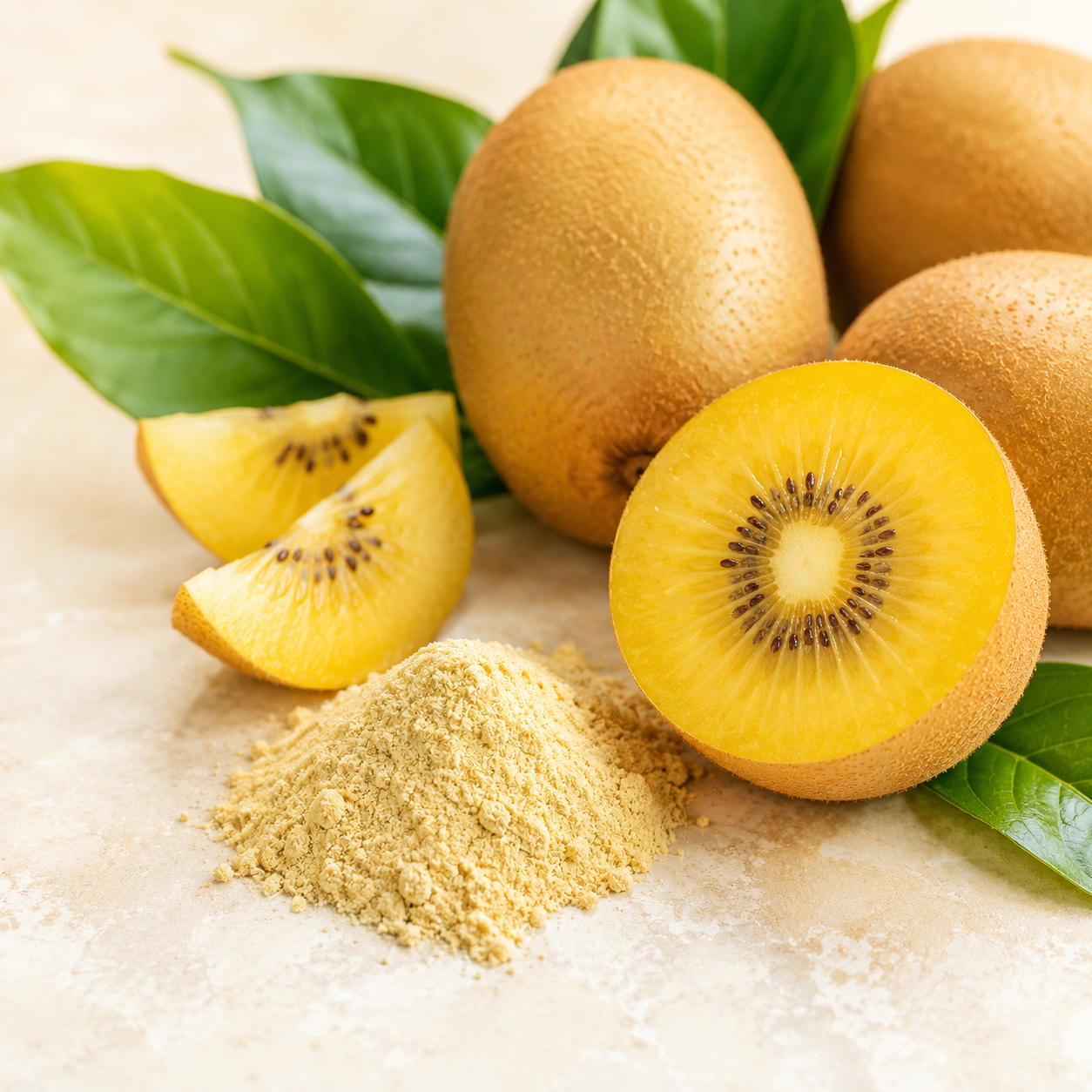 Golden kiwi fruits, whole and sliced, with green leaves and a pile of yellow powder on a counter.