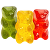 Three gummy bears, one green, one yellow, and one red, standing side-by-side on a white background.
