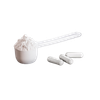 A white scoop of powder next to three white capsules on a white background.