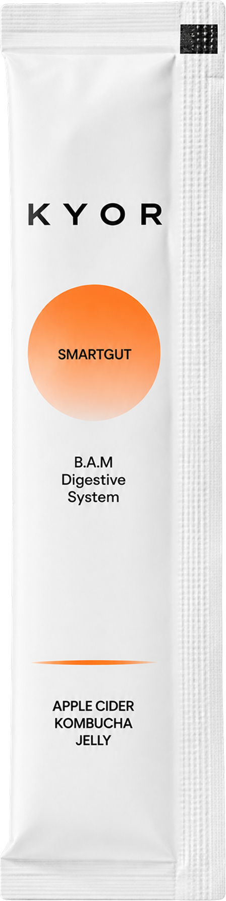 A white sachet of KYOR Smartgut Apple Cider Kombucha Jelly, for the digestive system.