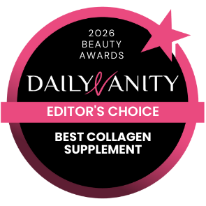 Daily Vanity 2026 Beauty Awards, Editor's Choice for Best Collagen Supplement badge in pink and black.