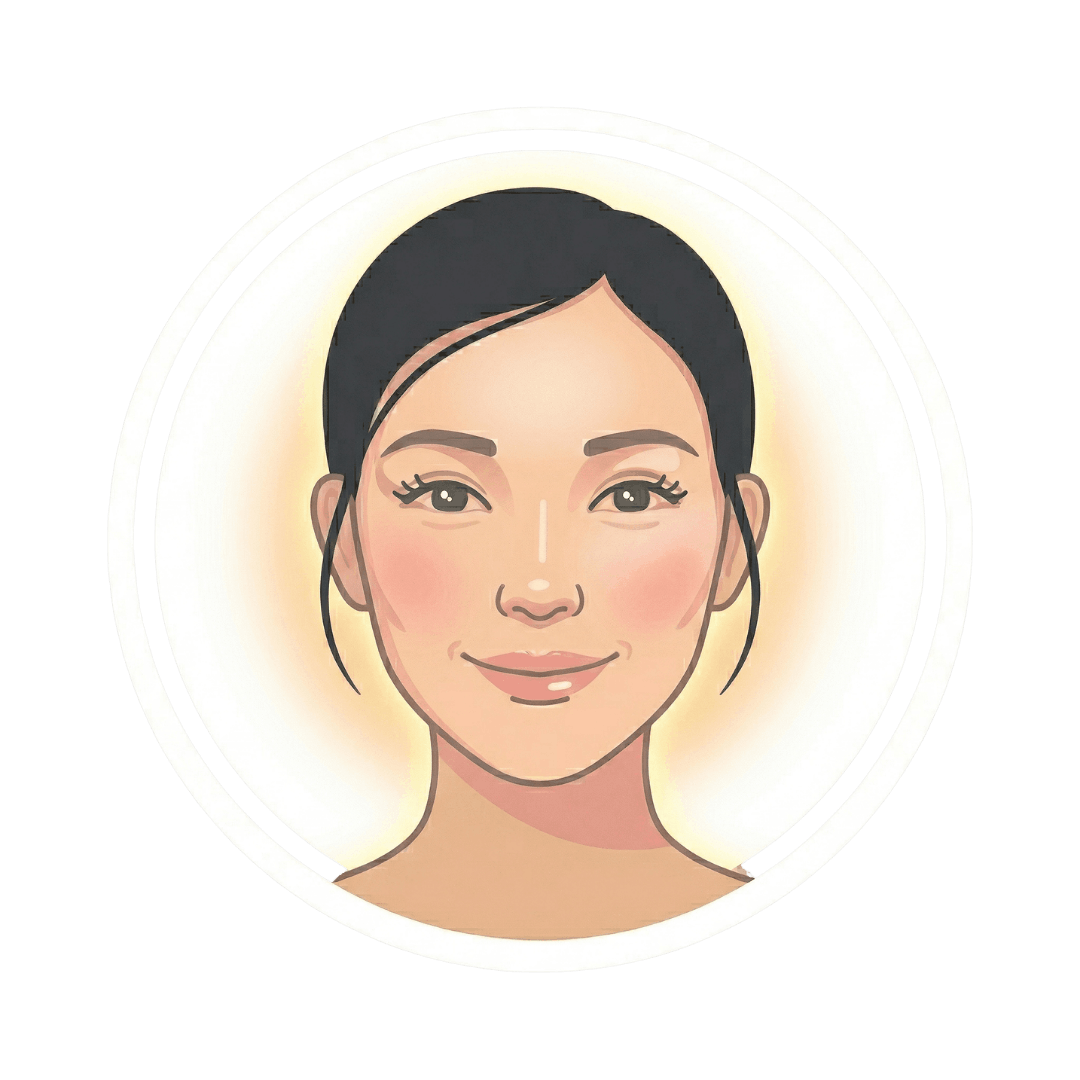A stylized illustration of a smiling East Asian woman's face with a glowing background.