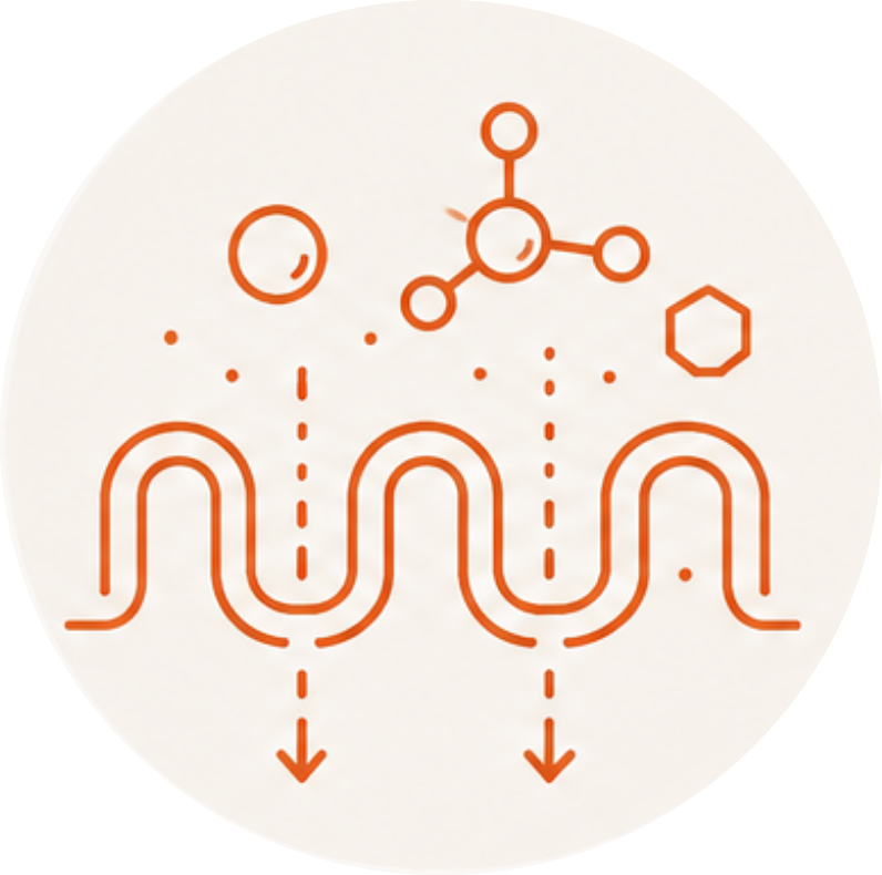 An orange line art icon of molecules and particles passing through a wavy, permeable membrane.