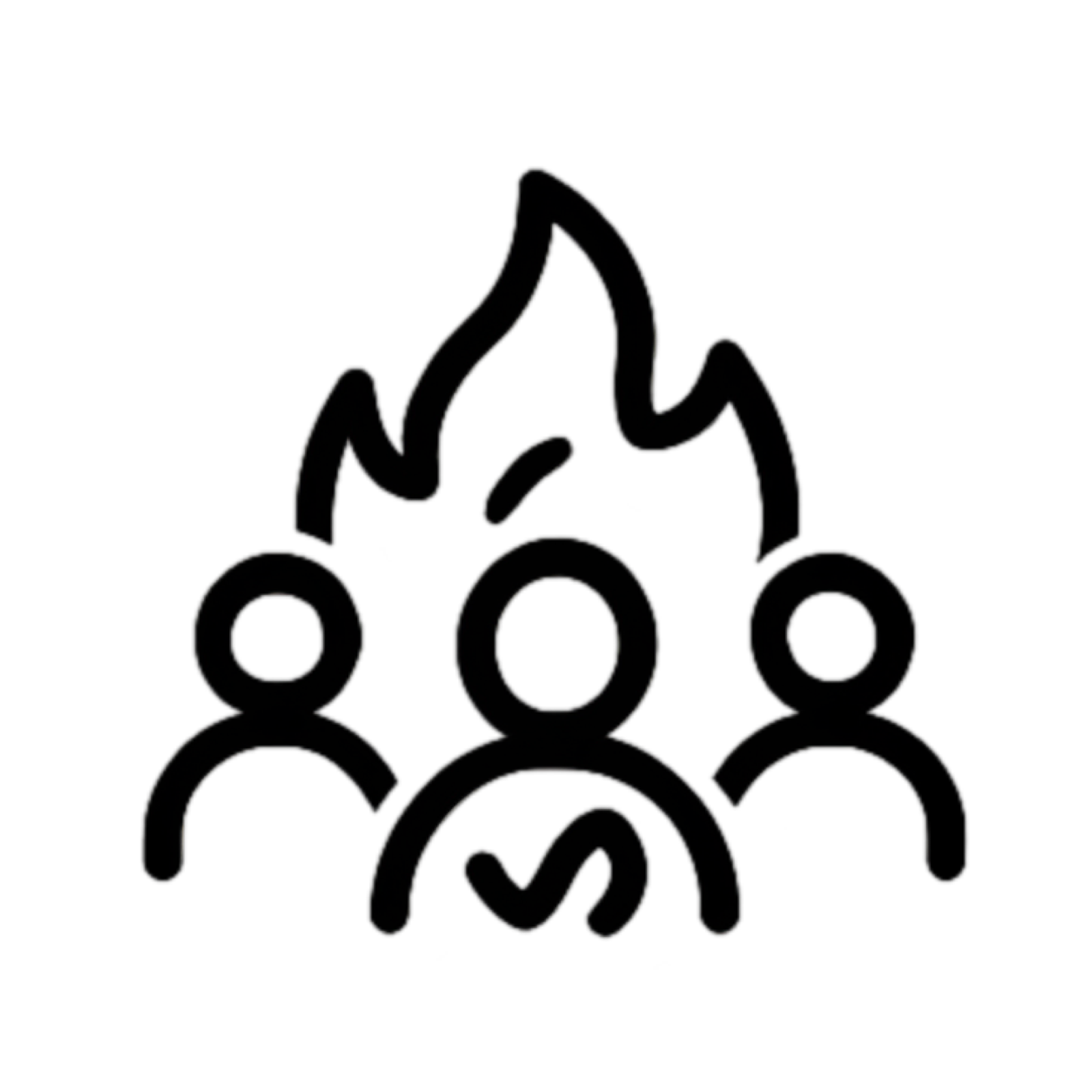 Silhouette of three people with a flame above them.