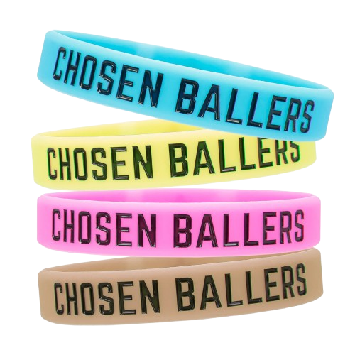 Four colorful wristbands with 'CHOSEN BALLERS' text.