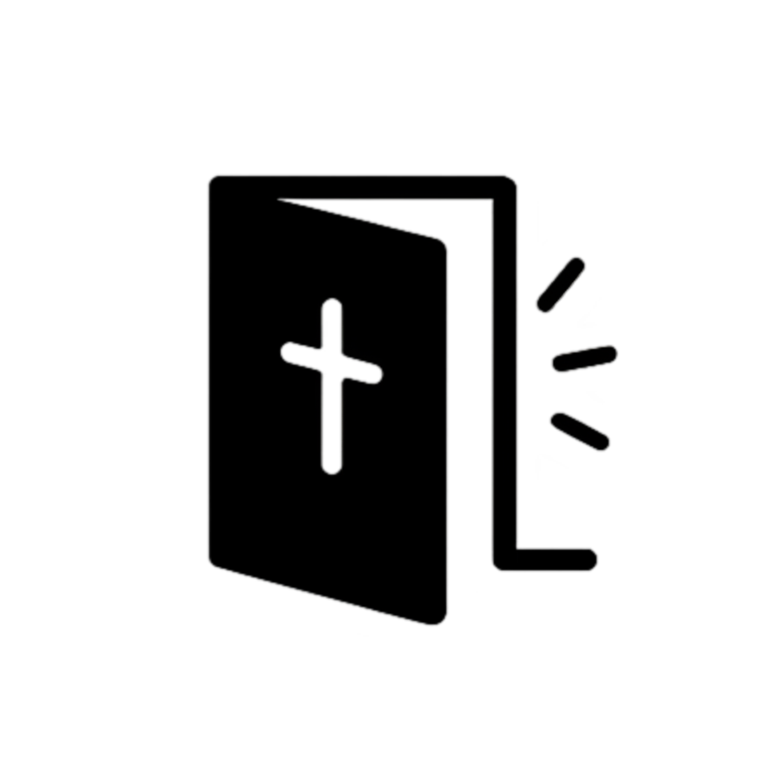 Black and white icon of an open book with a cross.