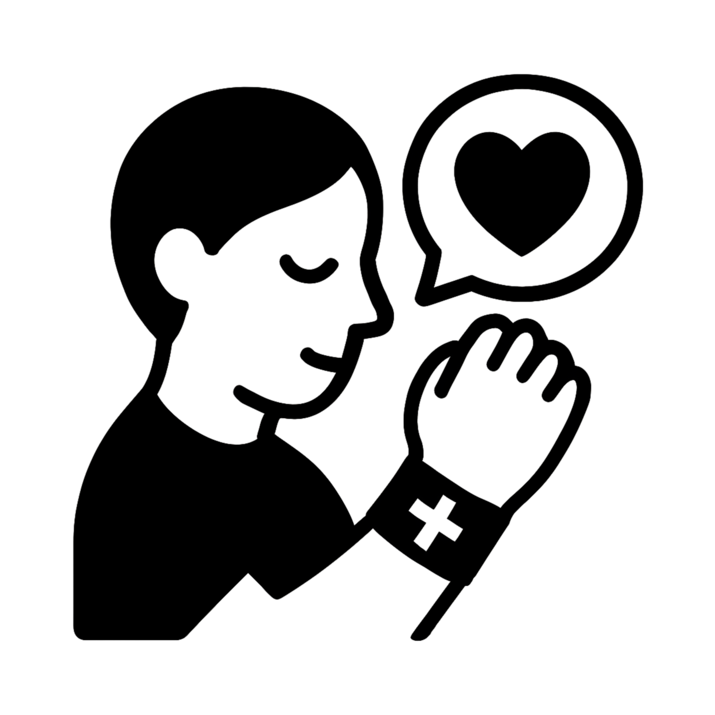 Silhouette of a person with a heart speech bubble and bandaged hand.