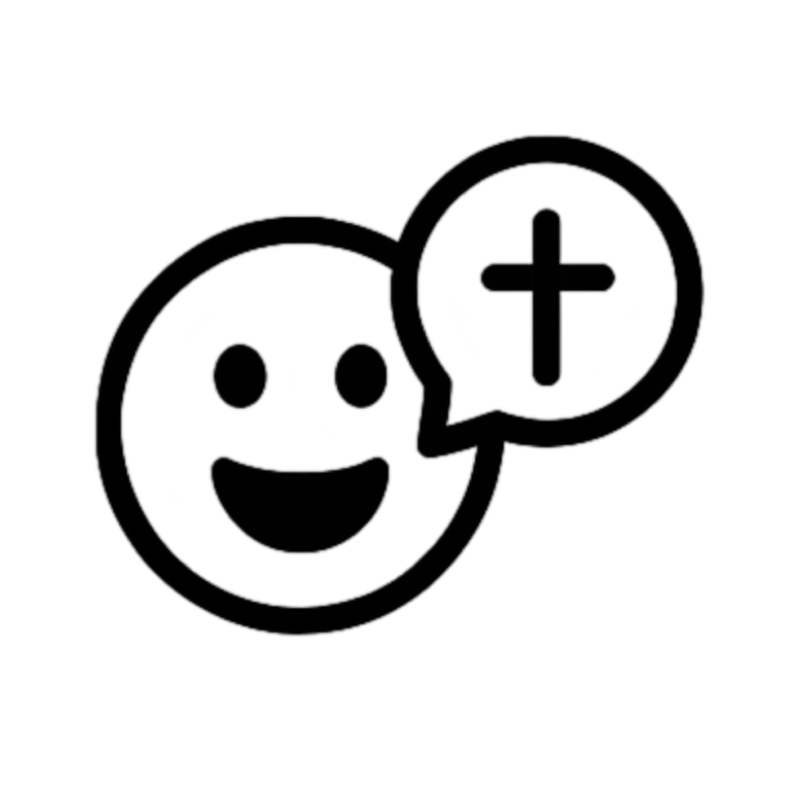 Smiley face with a speech bubble containing a plus sign.