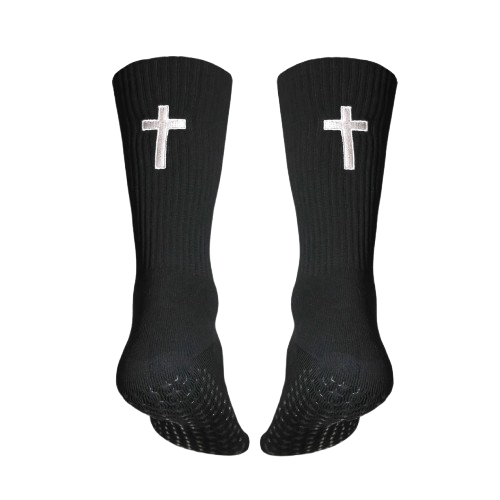 Black socks with white cross design on each.