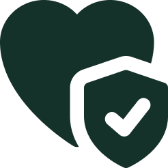 Heart icon with a shield and checkmark overlay.