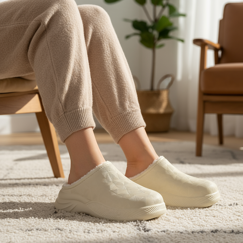 Person wearing beige pants and white slippers, sitting in a cozy room.