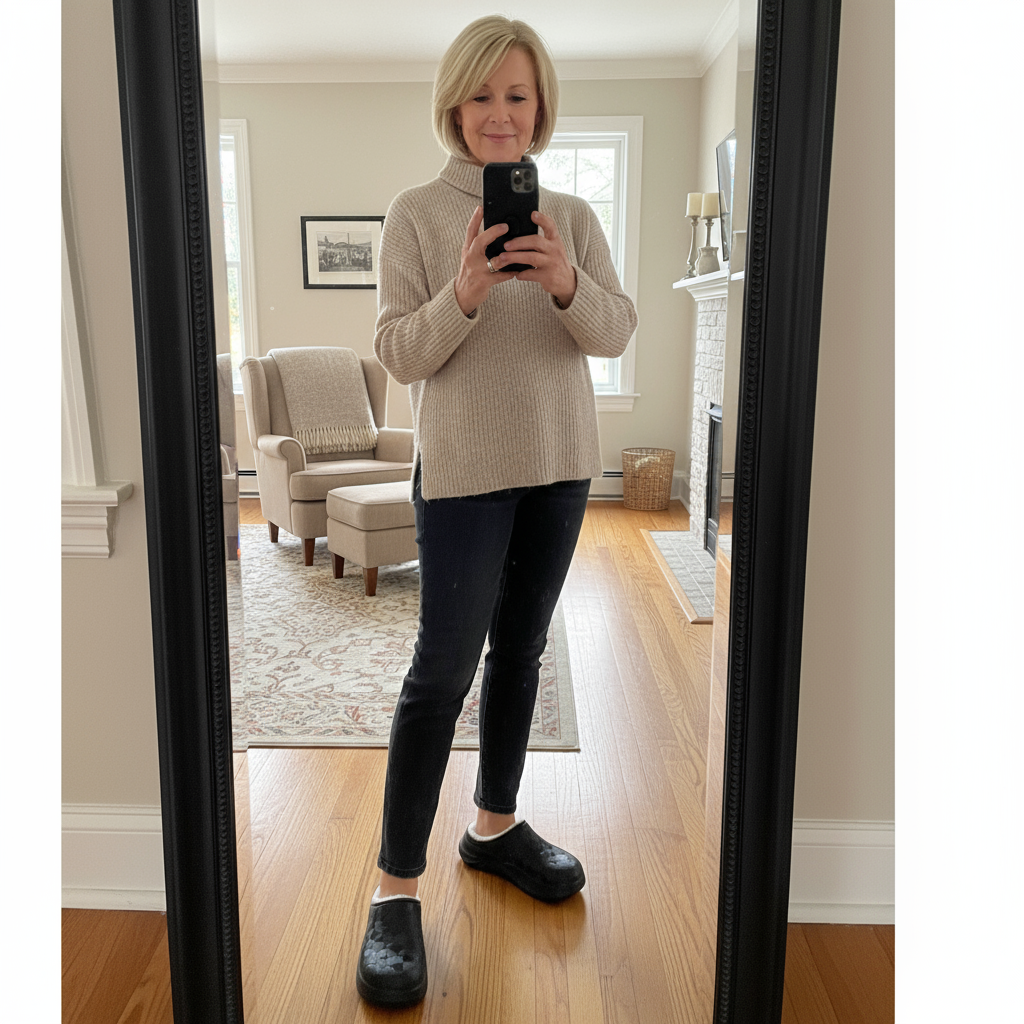 Person taking a selfie in a mirror, wearing a beige sweater, black jeans, and slippers.