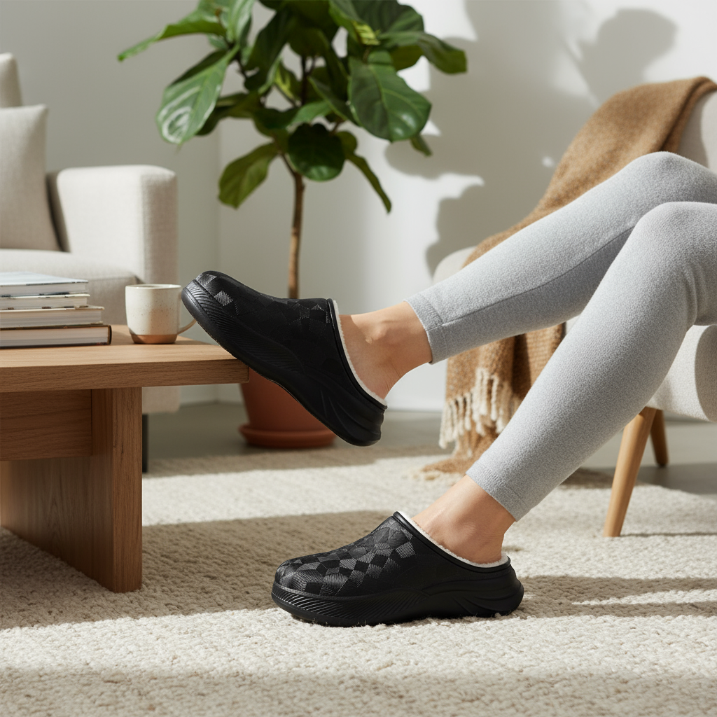 Person wearing black slip-on shoes with leggings, relaxing in a cozy room.
