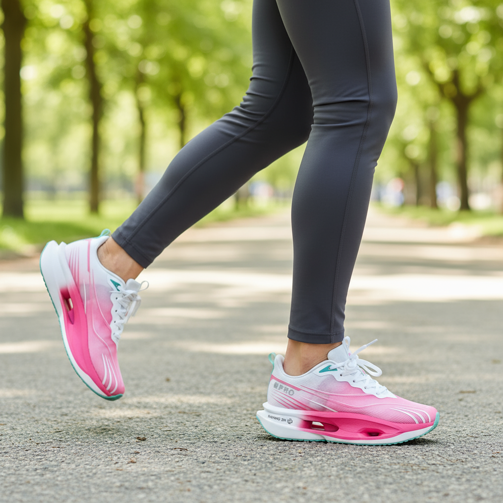 Person walking on a path wearing pink and white running shoes and black leggings.