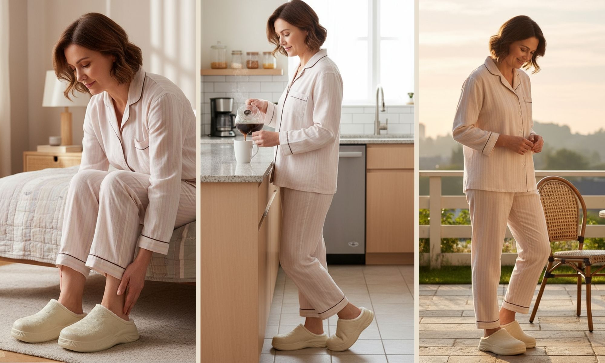 Three images of a woman in pajamas, indoors and outdoors.