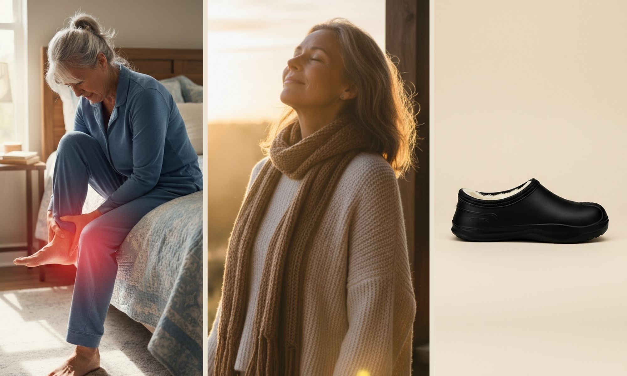 Triptych showing a woman clutching her ankle, a woman outdoors, and a black shoe.