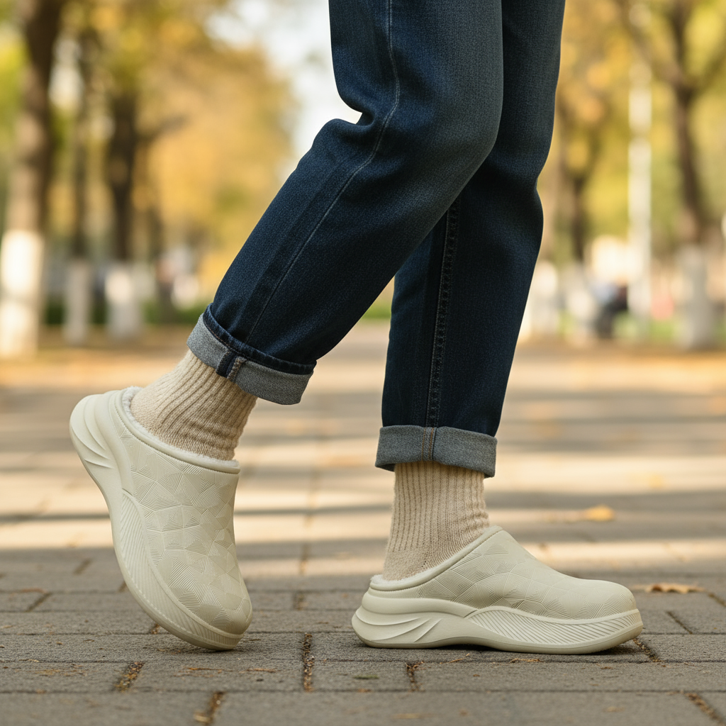 Person walking in beige slip-on shoes and jeans on a pathway.