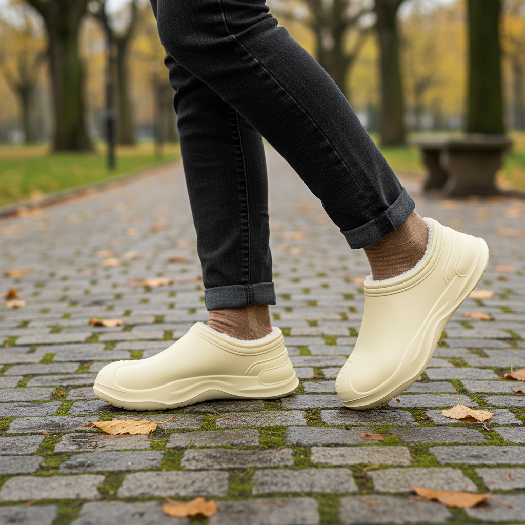 Person walking on a cobblestone path wearing beige clogs and rolled jeans.