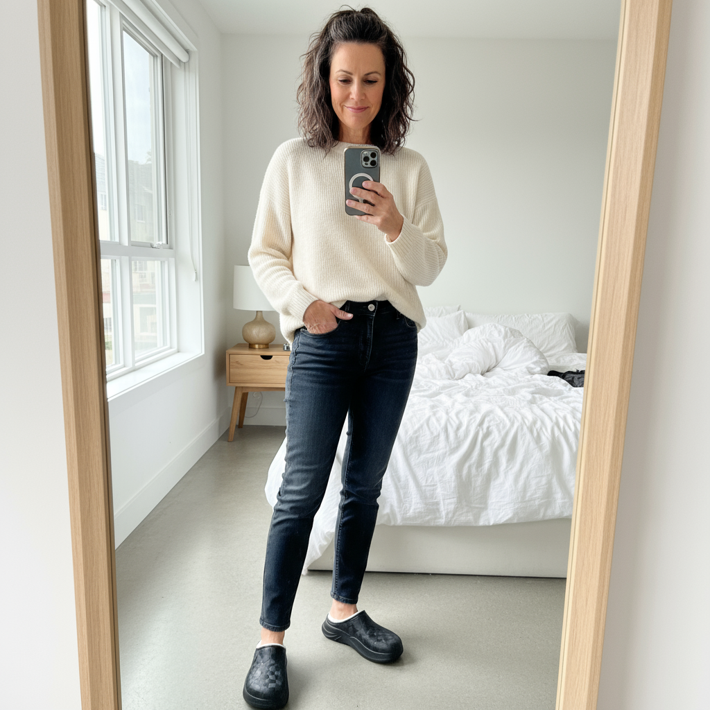 Person taking a mirror selfie in a minimal bedroom with white bedding.