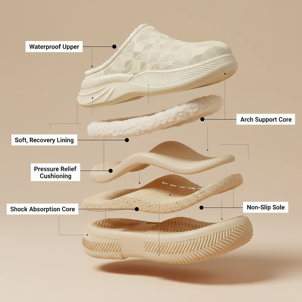 Exploded view of a shoe with labeled parts: upper, lining, cushioning, core, and sole.