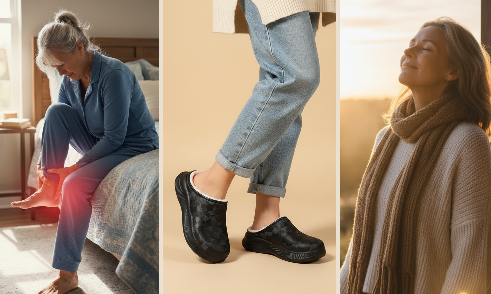 Triptych: woman rubbing foot, person wearing clogs, woman smiling in sunlight.