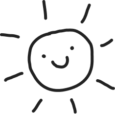 Simple black and white drawing of a smiling sun with rays.