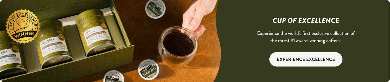Cup of Excellence: Box of single origin award-winning coffee in pods and tins, next to a hand holding fresh coffee.