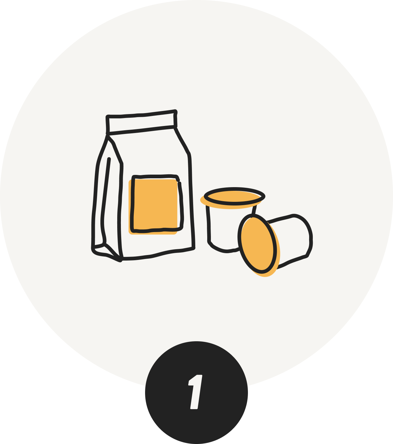 Illustration of a coffee bag and two coffee pods.