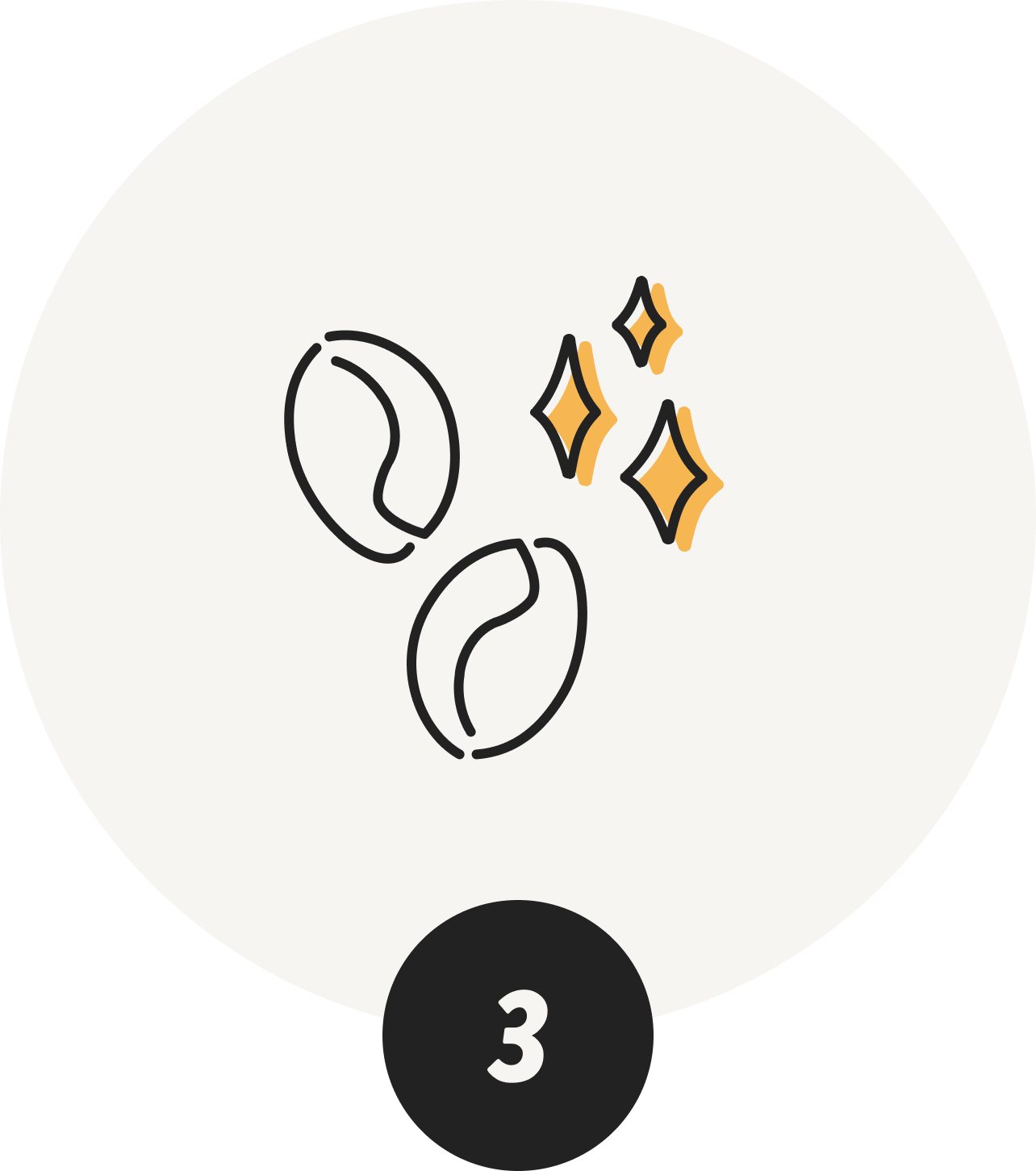 Illustration of coffee beans and sparkles with the number three below.