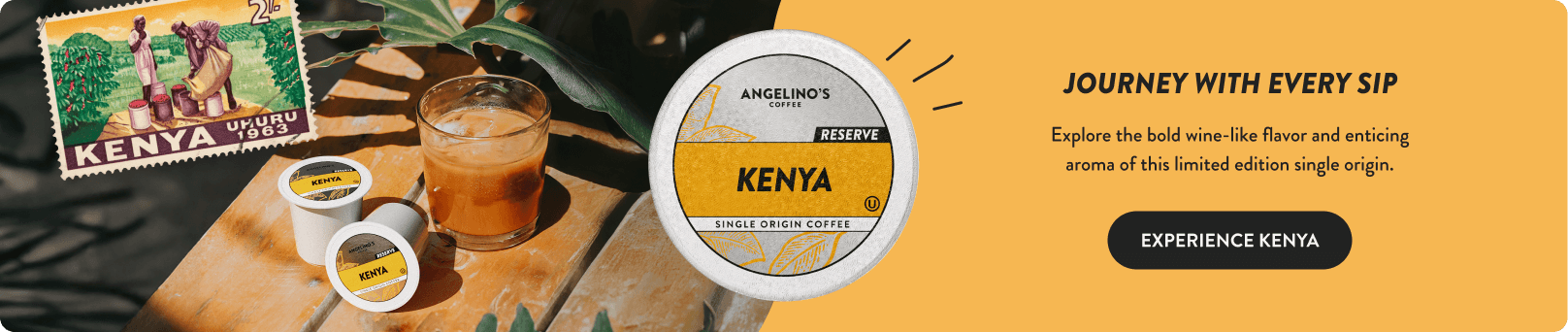Kenya: Single origin coffee pods, creamy iced coffee in a tropical setting, overlayed with a vintage Kenya, Africa stamp.