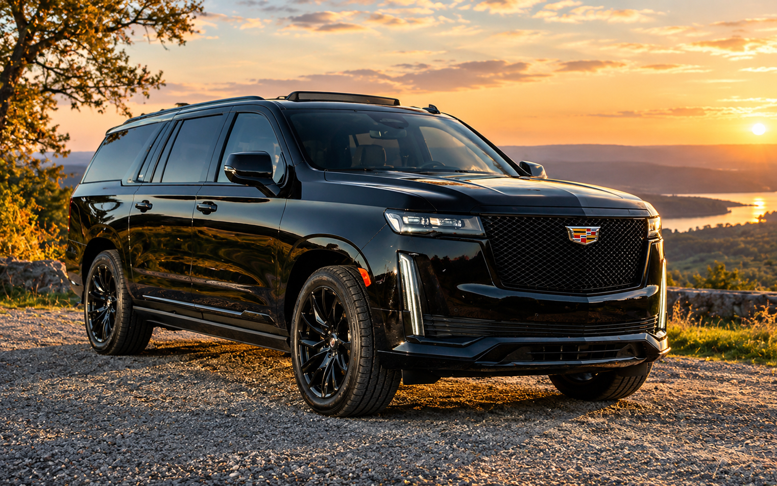 A black Cadillac Escalade parked on a gravel road overlooking a scenic landscape at sunset.