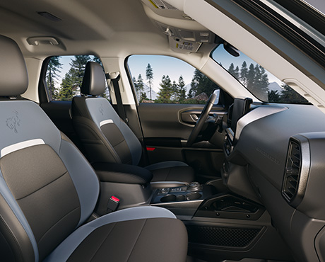 The interior of a vehicle, showing two-toned gray and black front seats and a view of pine trees.